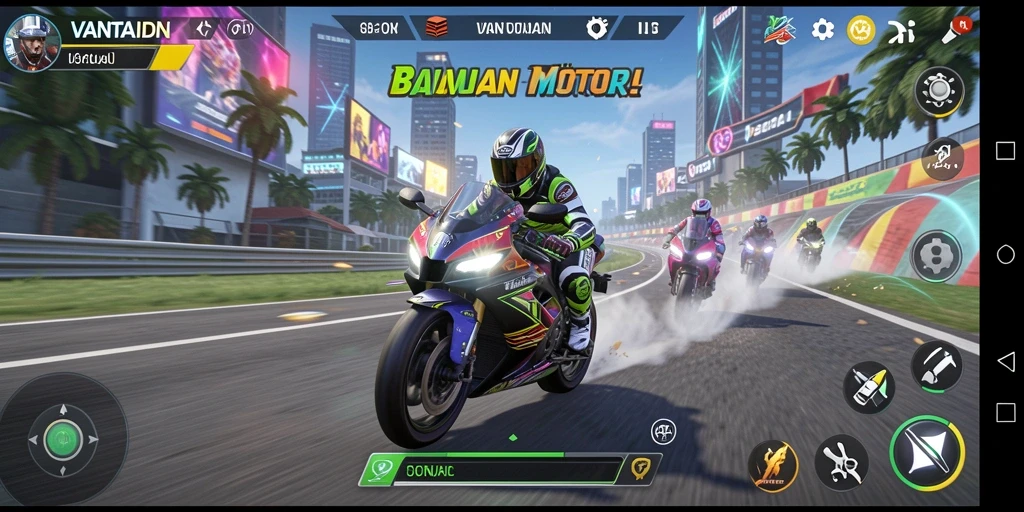 Screenshot gameplay VANTAIDN menampilkan balapan motor yang intens.