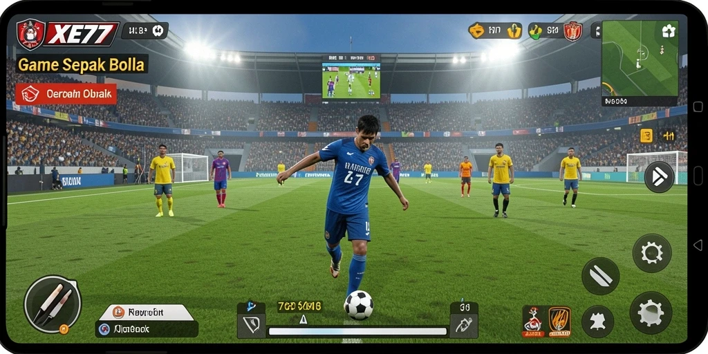 Gameplay XE77 yang seru dengan aksi sepak bola mendebarkan.